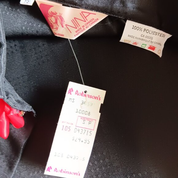 Vintage 80s Black Patterned Blouse Rose Detail Made in Canada Goth Deadstock NOS - Picture 9 of 10